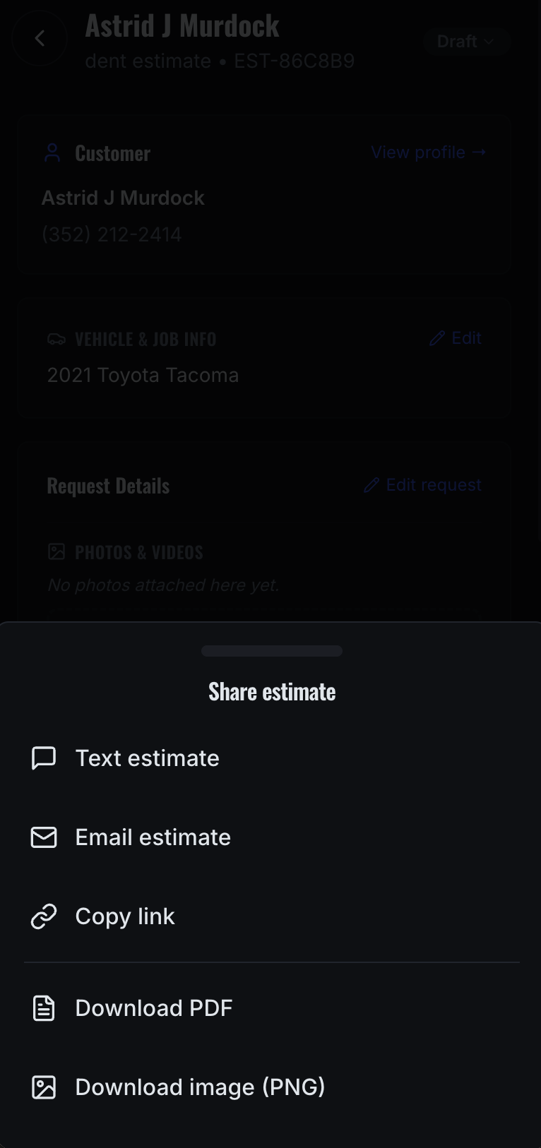 Share menu with text, email, copy link, PDF, and PNG options