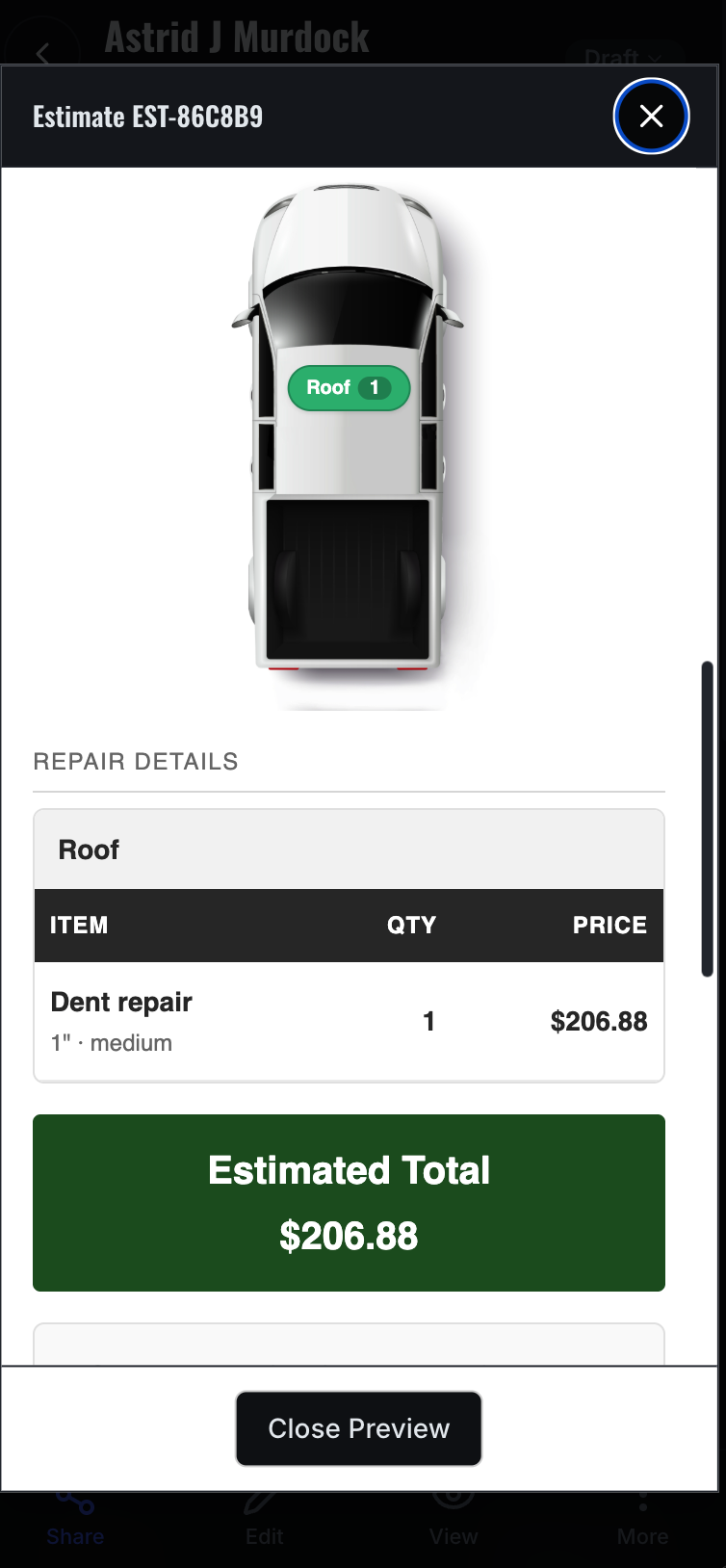 Saved estimate preview showing a roof repair line item and total