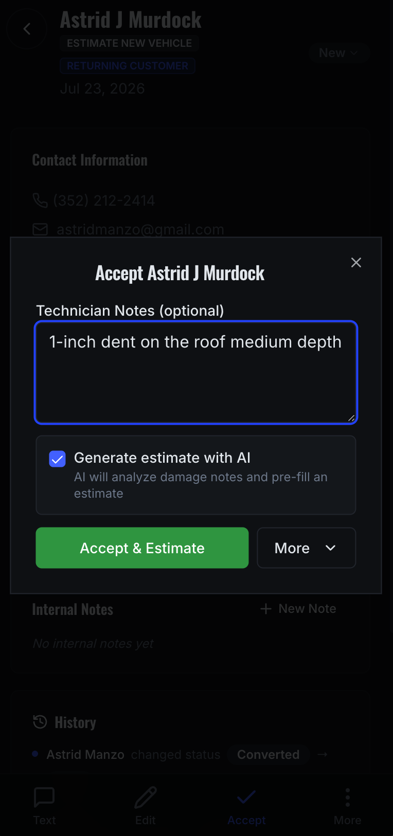 Accept lead dialog with technician notes and the Generate estimate with AI toggle