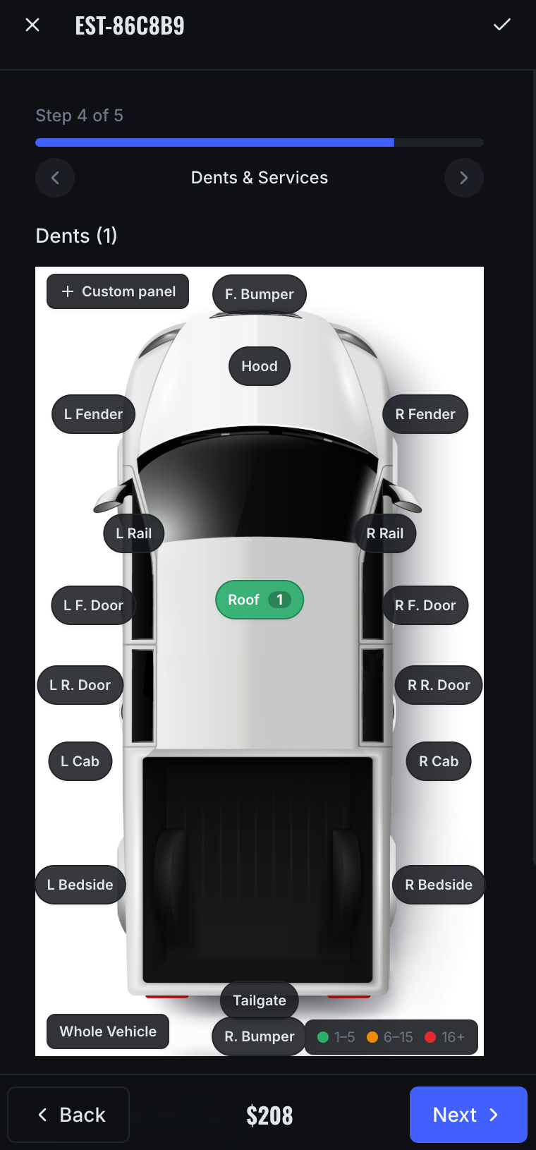 Visual estimate builder with an interactive vehicle diagram and panel labels