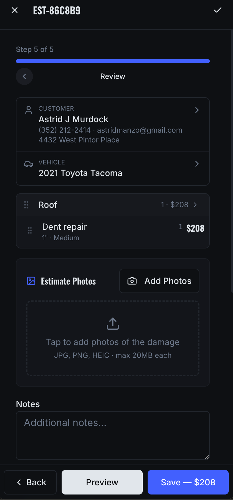 Estimate review step showing customer, vehicle, and repair details