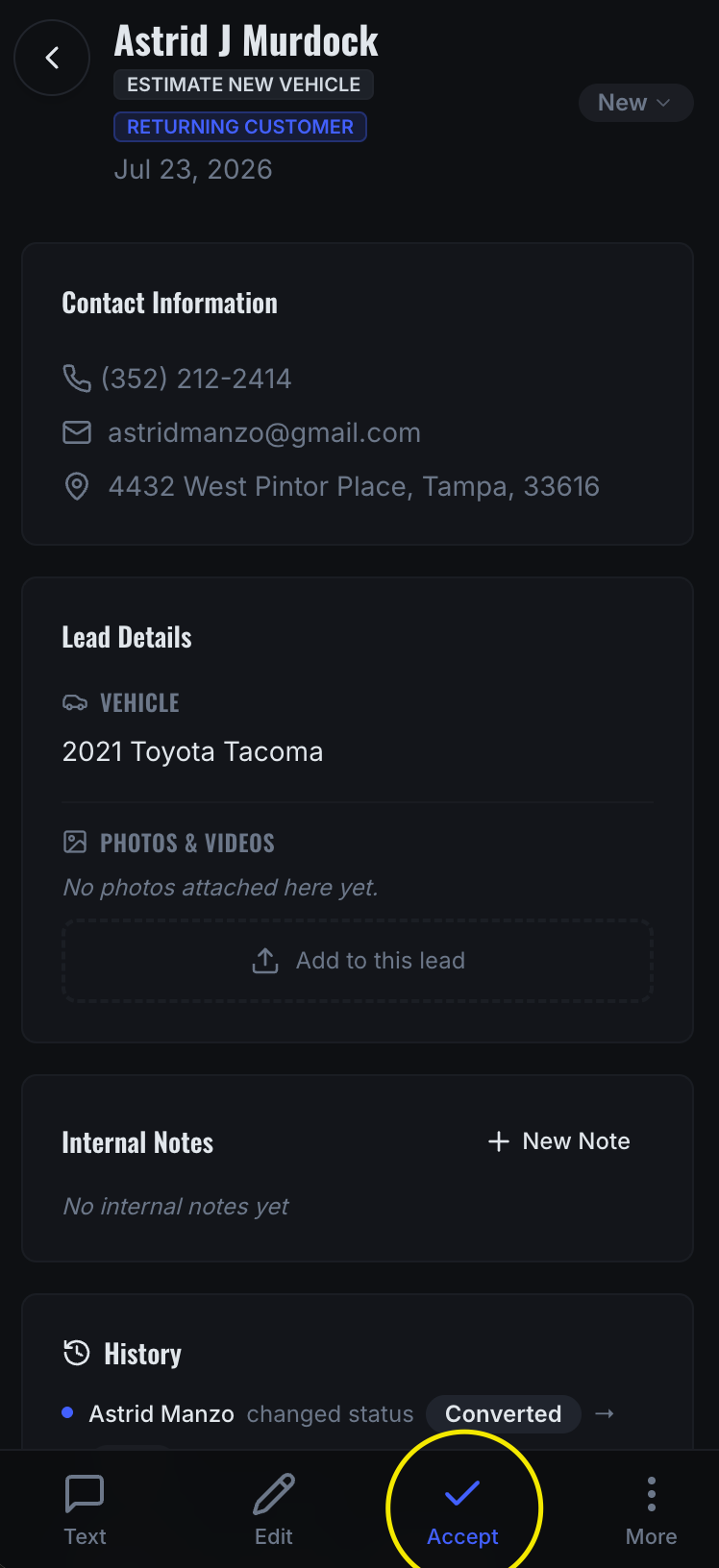 Lead detail screen with the Accept button highlighted at the bottom