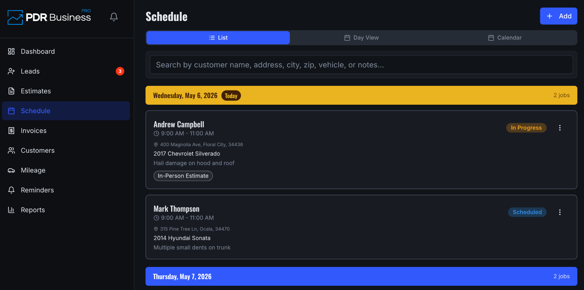PDR Business Pro schedule view